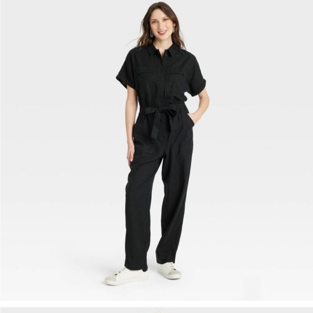 Women's Short Sleeve Linen Boilersuit - Universal Thread Black 4 NWT